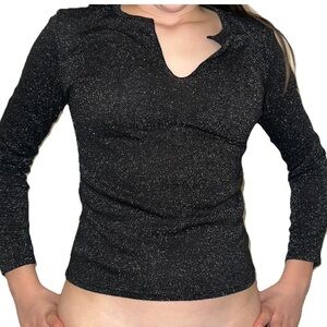 Black Glitter Blouse Long Sleeve Shirt Dress Up Party Sparkle Top V-Neck XS-S